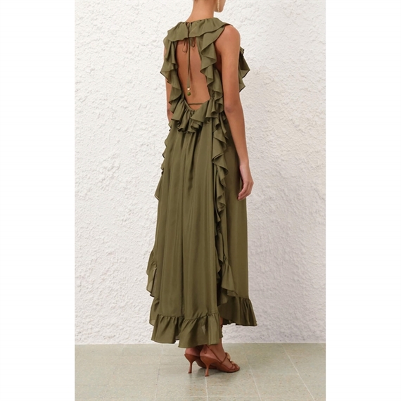 Zimmermann Cascadian Ruffle Midi Kjole, Olive v